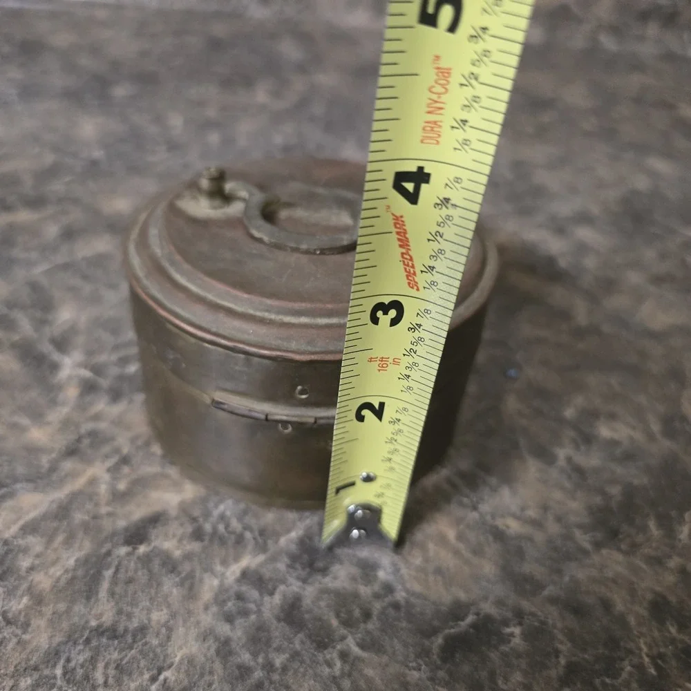 Vintage Round Brass Hinged Trinket Box w/ Top Handle Made in India